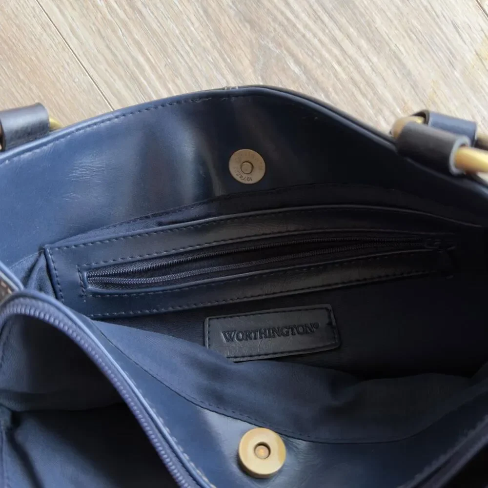 Worthington VTG Navy Leather Hobo Shoulder Handbag Purse Gold Hardware Y2K Boho